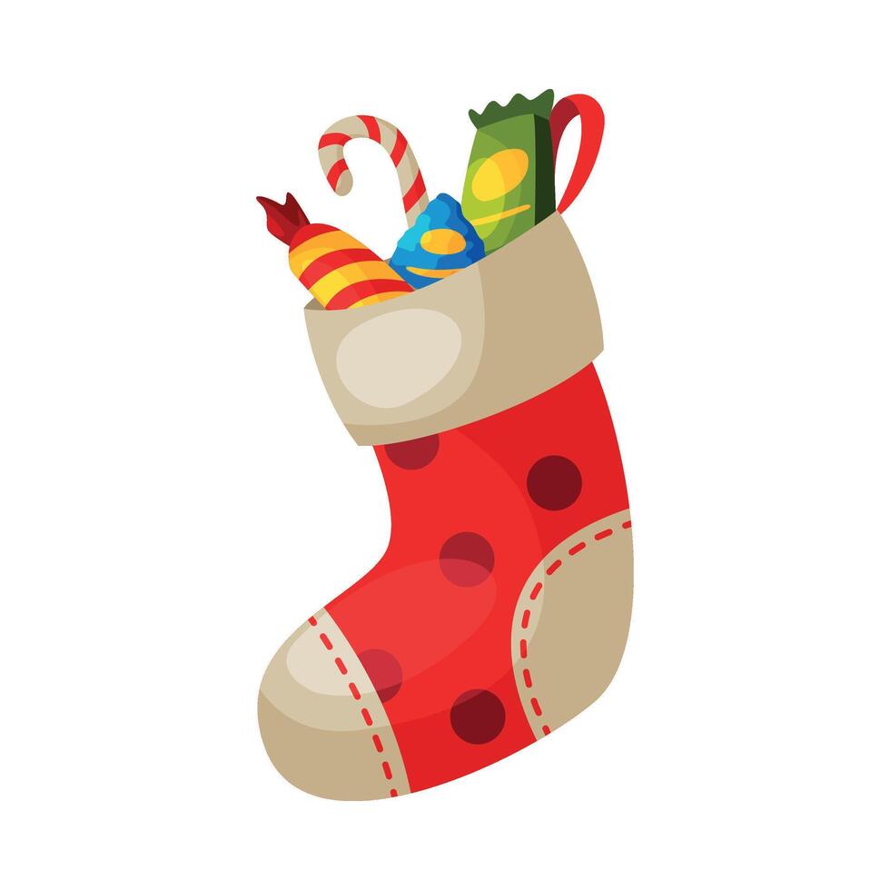Red Sock with Sweets, Christmas and New Year Symbol, Traditional Holiday Decoration Illustration vector