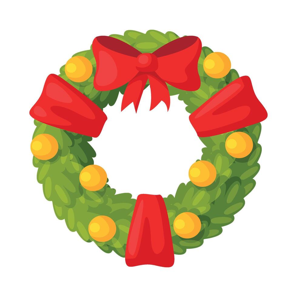 Christmas Wreath with Ribbons, Balls and Red Bow, Winter Holiday Symbol, Traditional Holiday Decoration Illustration vector
