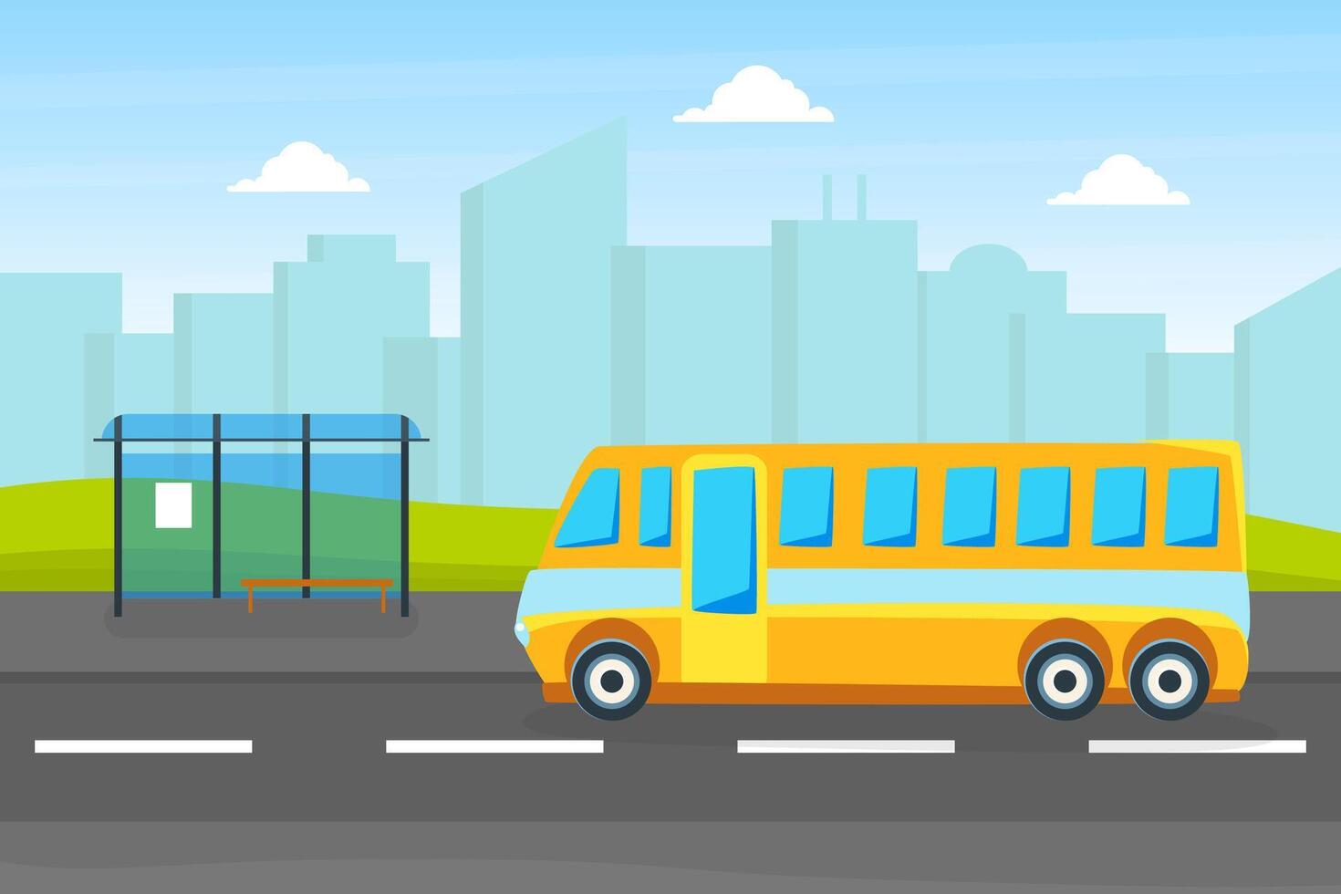 Yellow City Bus on a Bus Stop, Public Urban Transport on Background of City Landscape on Illustration vector