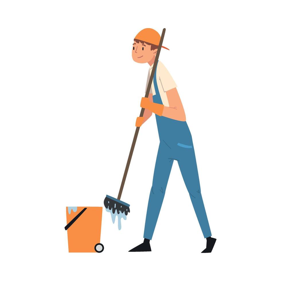 Professional Cleaning Man Mopping the Floor with Mop and Bucket, Male Worker Character Dressed in Blue Overalls and Rubber Gloves, Cleaning Company Staff Illustration vector