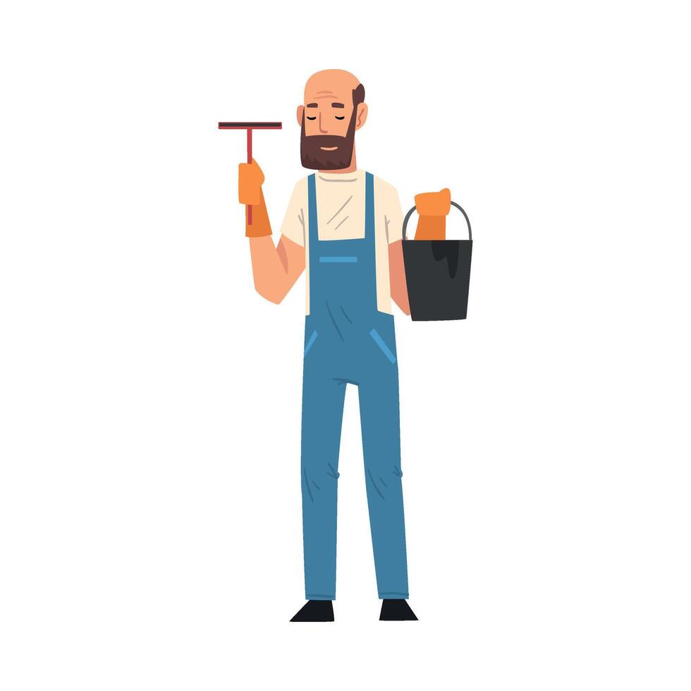 Professional Cleaning Man with Squeegee and Bucket, Male Worker Character Dressed in Blue Overalls and Rubber Gloves, Cleaning Company Staff Illustration vector