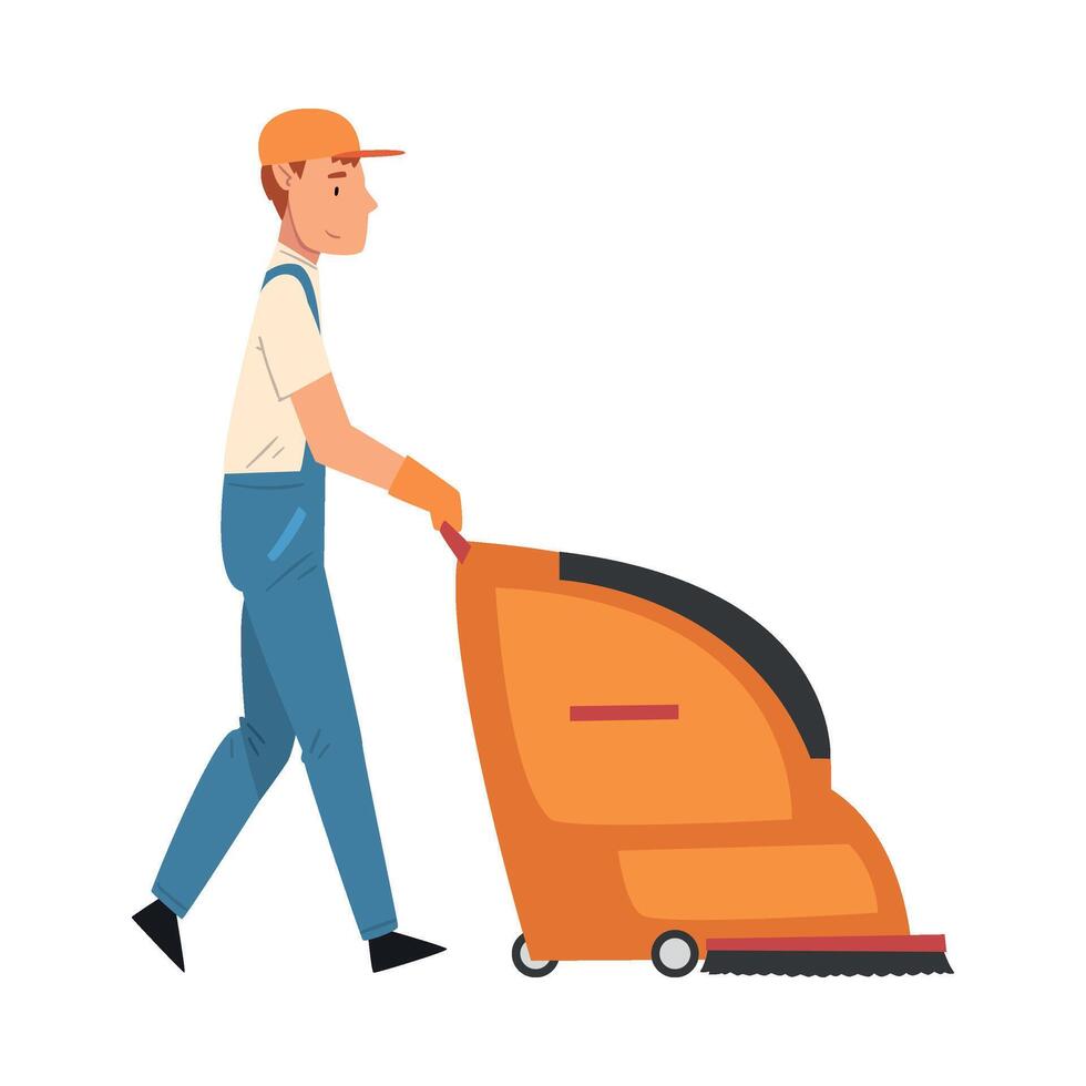 Man Pushing Floor Cleaning Machine, Professional Male Worker Character Dressed in Blue Overalls and Rubber Gloves, Cleaning Company Staff Illustration vector