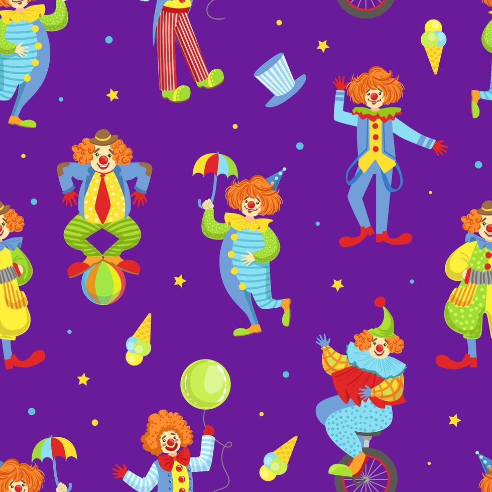 Seamless Pattern with Funny Circus Clowns, Circus Performance Design Element Can Be Used for Fabric, Wallpaper, Packaging, Web Page Illustration vector