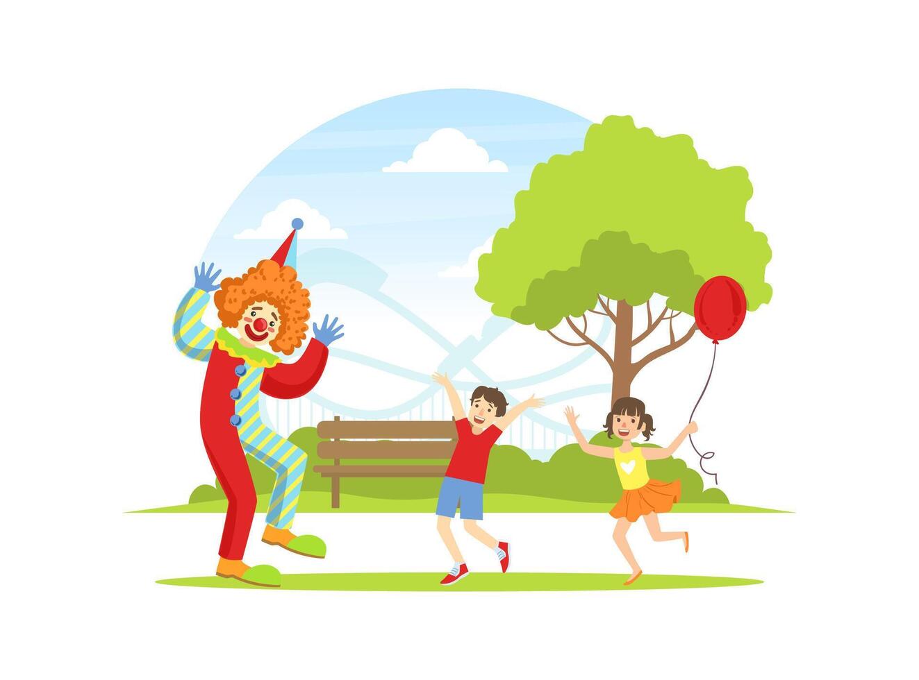 Funny Circus Clown and Happy Kids, Children Having Fun at Holiday Party Illustration vector