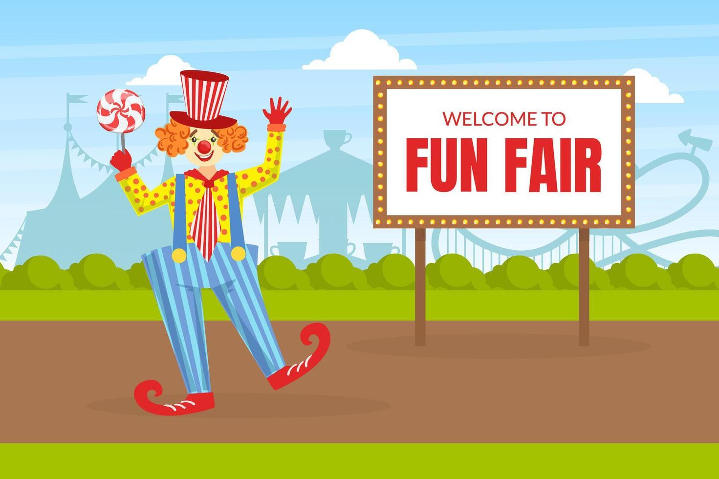 Welcome to Fun Fair, Funny Circus Clown on Summer Landscape, Comedian Performing at Amusement Park, Carnival Illustration vector