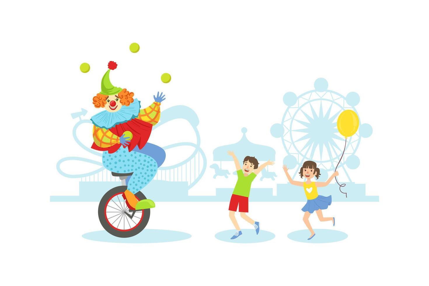 Funny Circus Clown Juggling Balls on Unicycle, Happy Kids Having Fun at Holiday Party Illustration vector