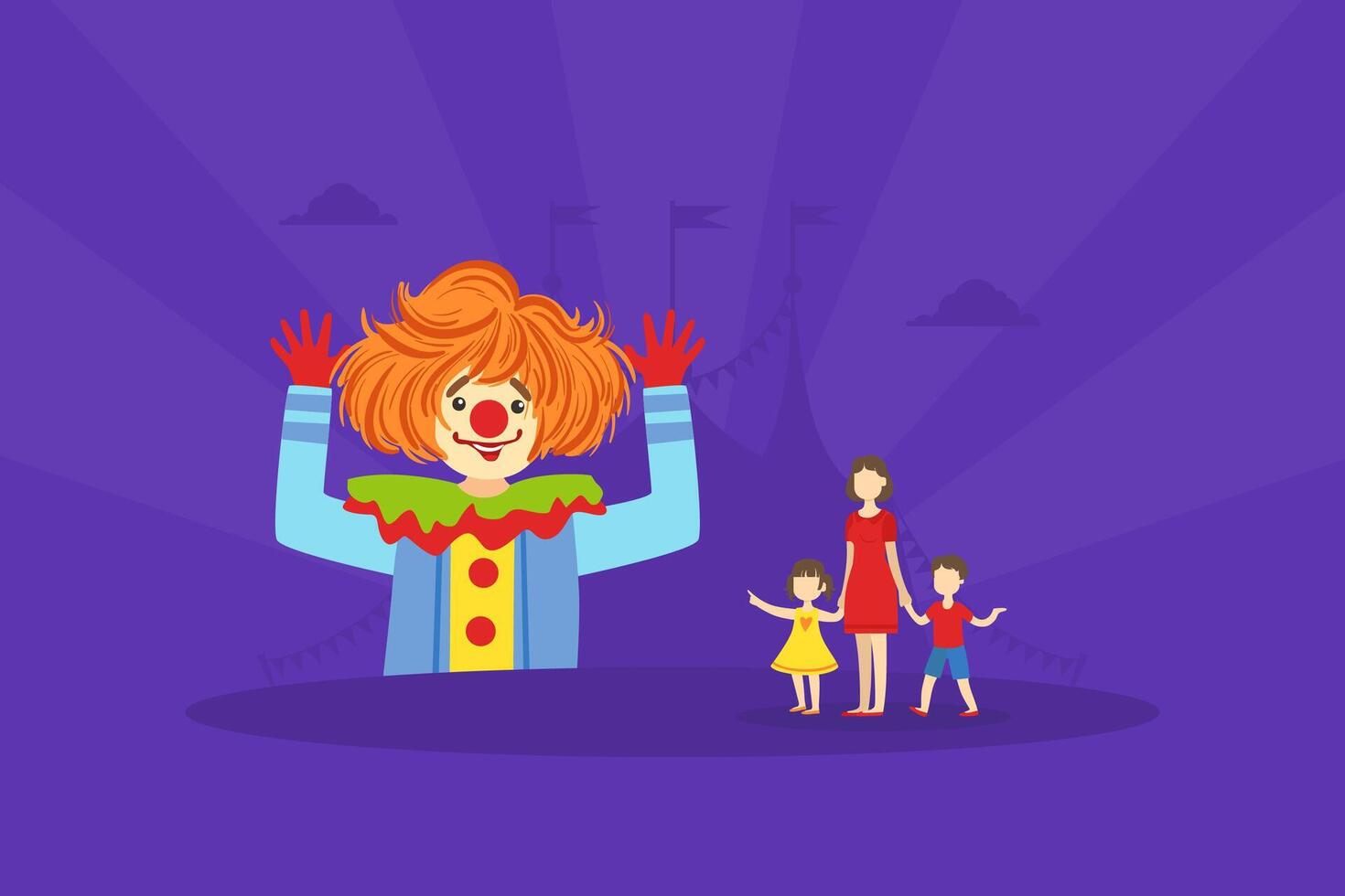 Huge Funny Circus Clown and Tiny People, Comedian Performing in Amusement Park Illustration vector