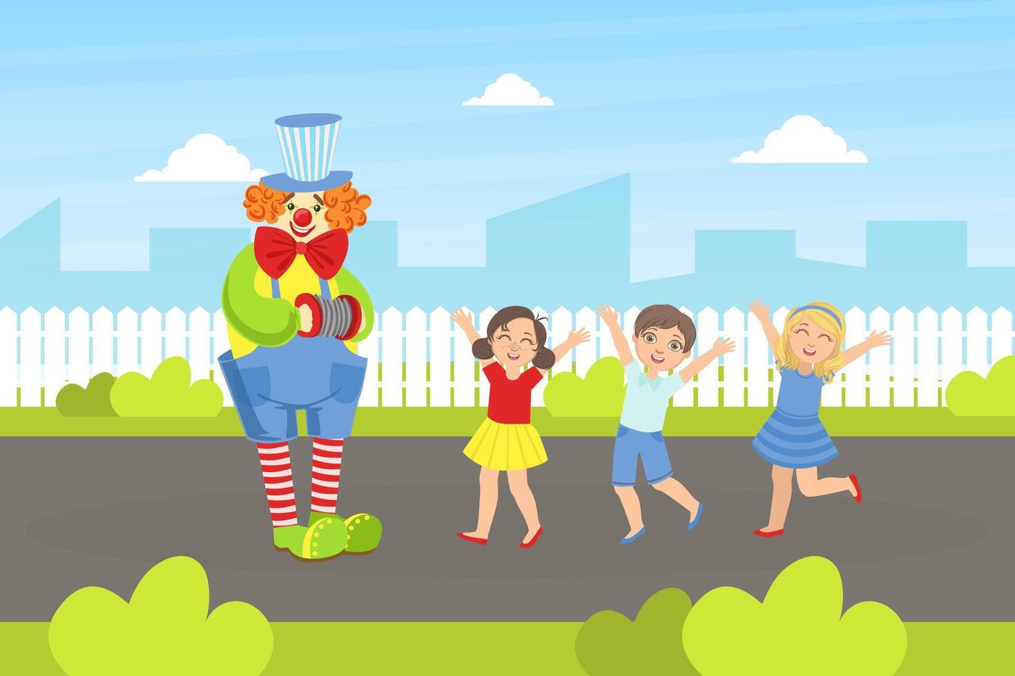 Funny Circus Clown Performing before Kids on Summer Landscape, Comedian Performance Illustration vector