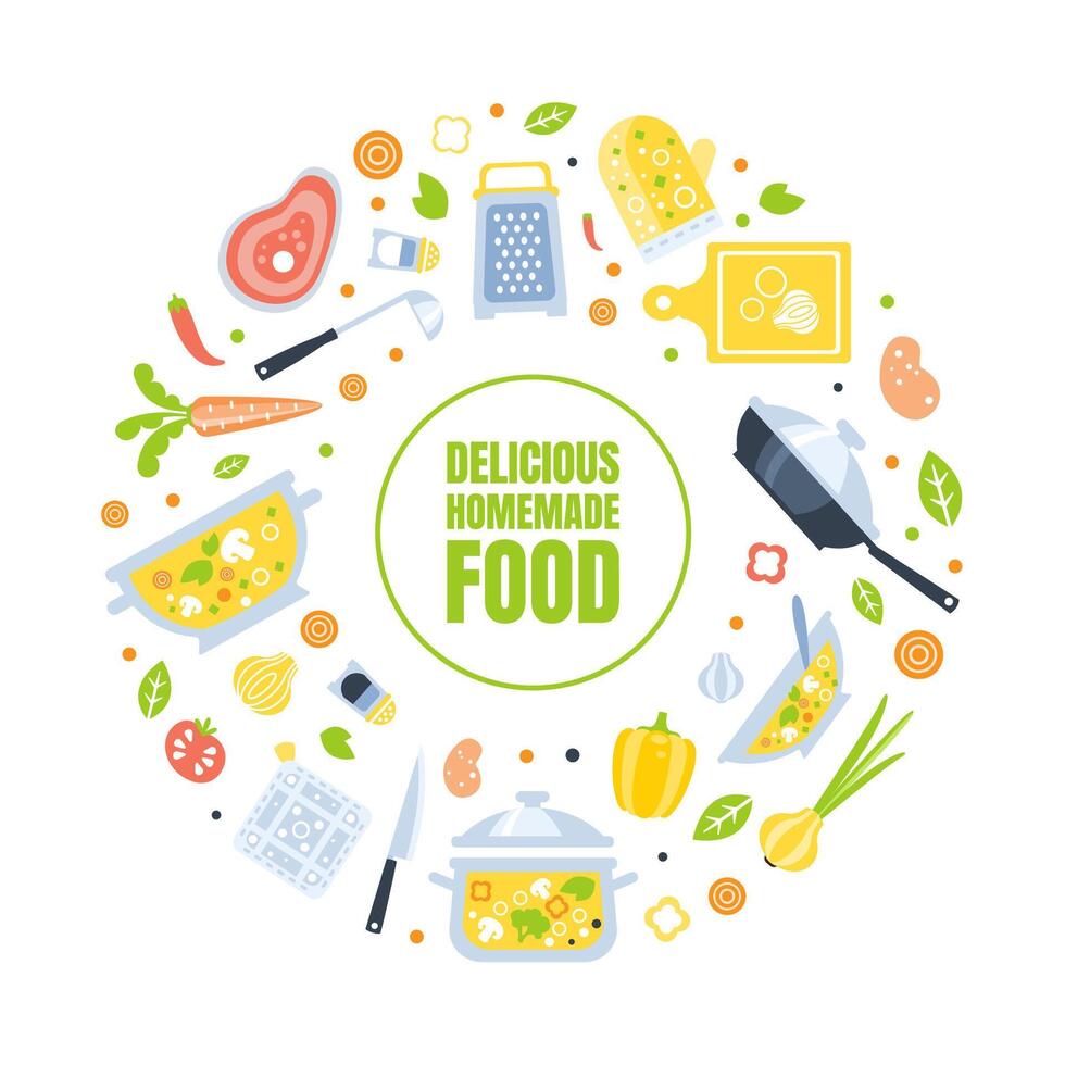 Delicious Homemade Food Banner Template with Kitchenware and Healthy Fresh Products for Cooking Pattern Illustration vector