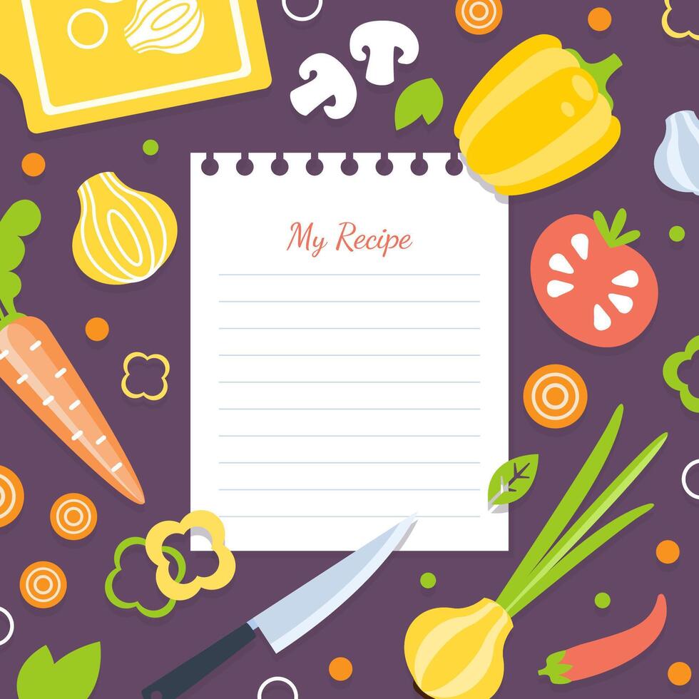 My Recipe Blank Card Template with Fresh Vegetables Pattern, Cookbook Page Illustration vector