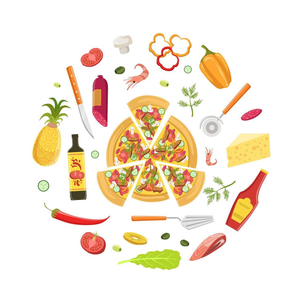 Cooking Pizza Banner Template with Ingredients and Tools for Cooking Illustration vector