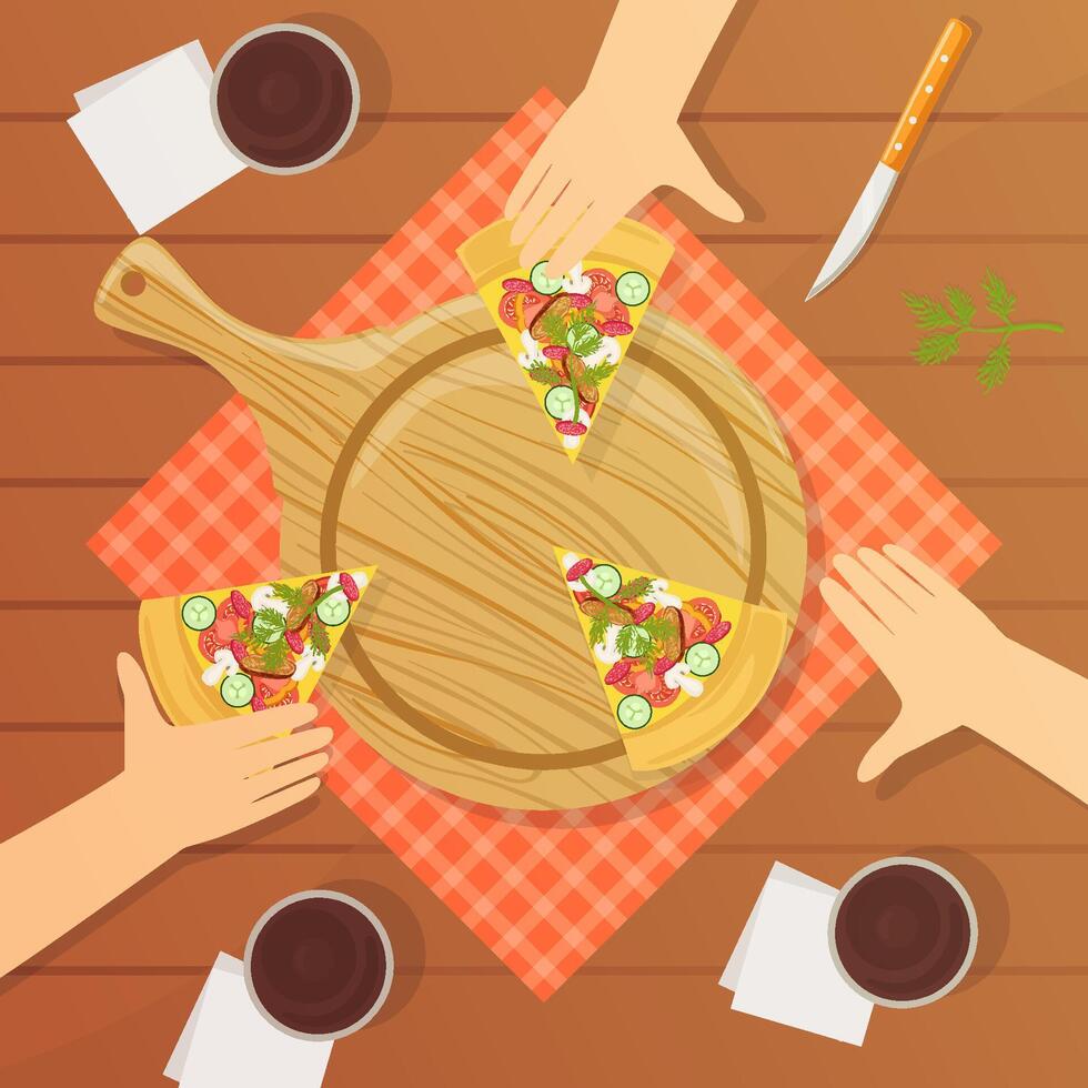 People Sitting at Table and Eating Pizza Together, Top View Illustration vector