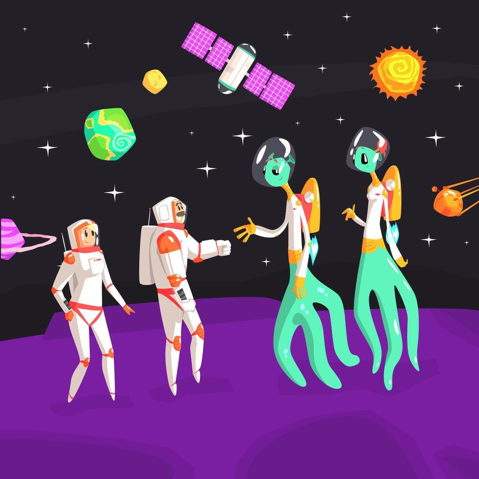Space Banner Template, Astronauts and Aliens Handshaking on Unknown Planet in Outer Space illustration vector