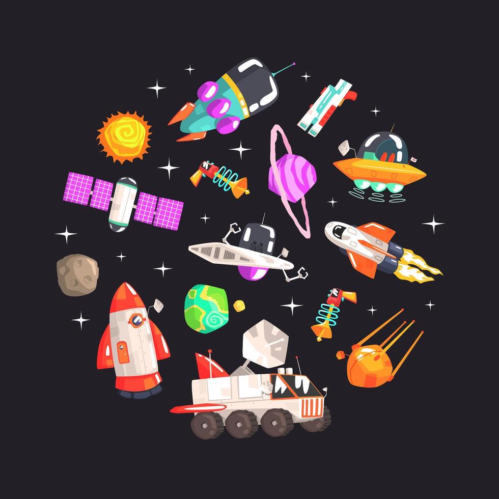 Space Symbols of Round Shape Banner Template, Cosmos Signs Pattern, Spaceship, Satellite, Planets, Ufo Spaceship, Astronaut illustration vector