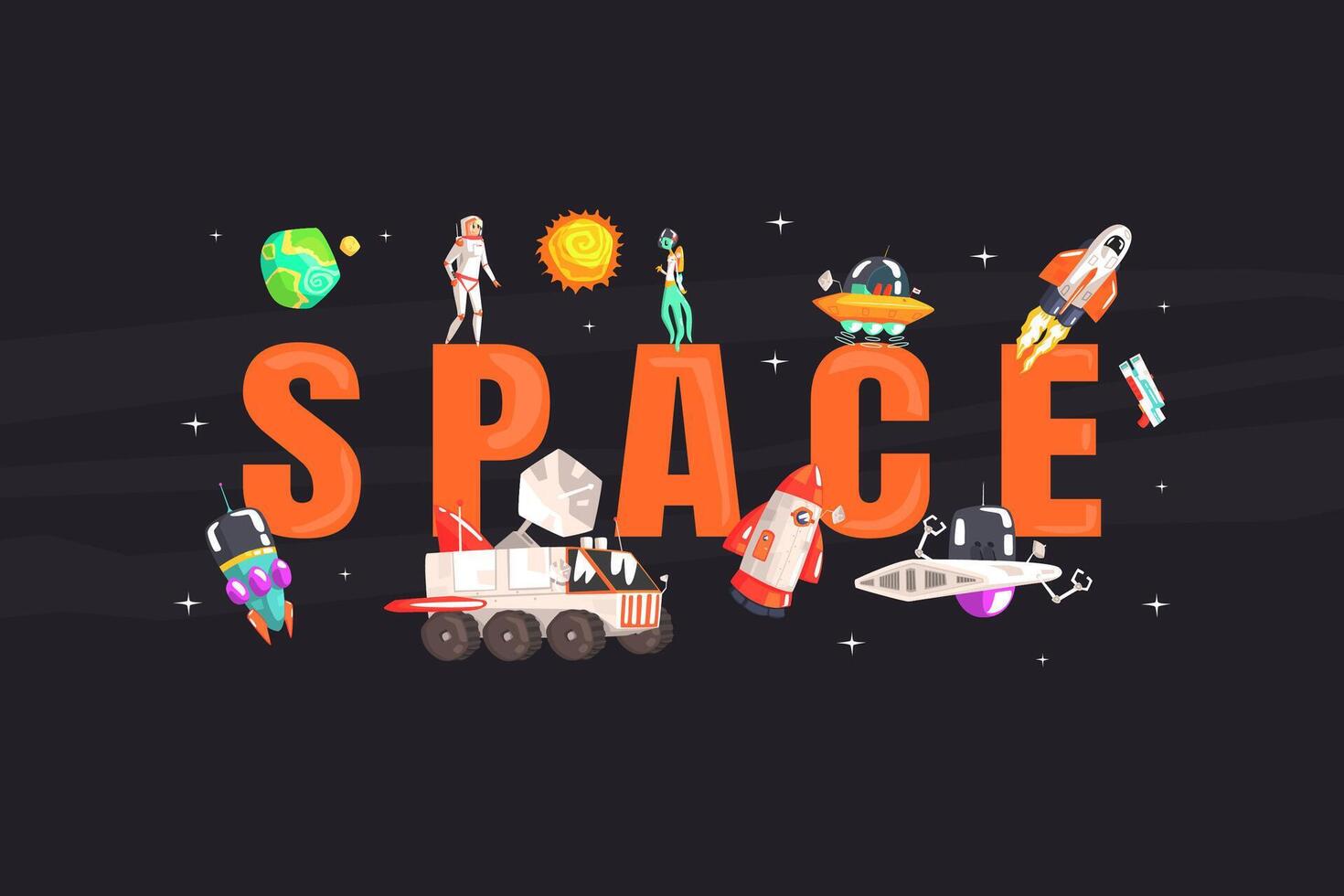 Space Banner Template with Astronaut, Spaceship, Rocket, Ufo in Outer Space illustration vector