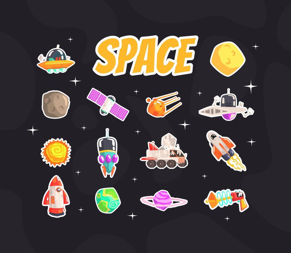 Space Stickers Collection, Fashion Badges, Patches with Planets, Astronaut, Spaceships illustration vector