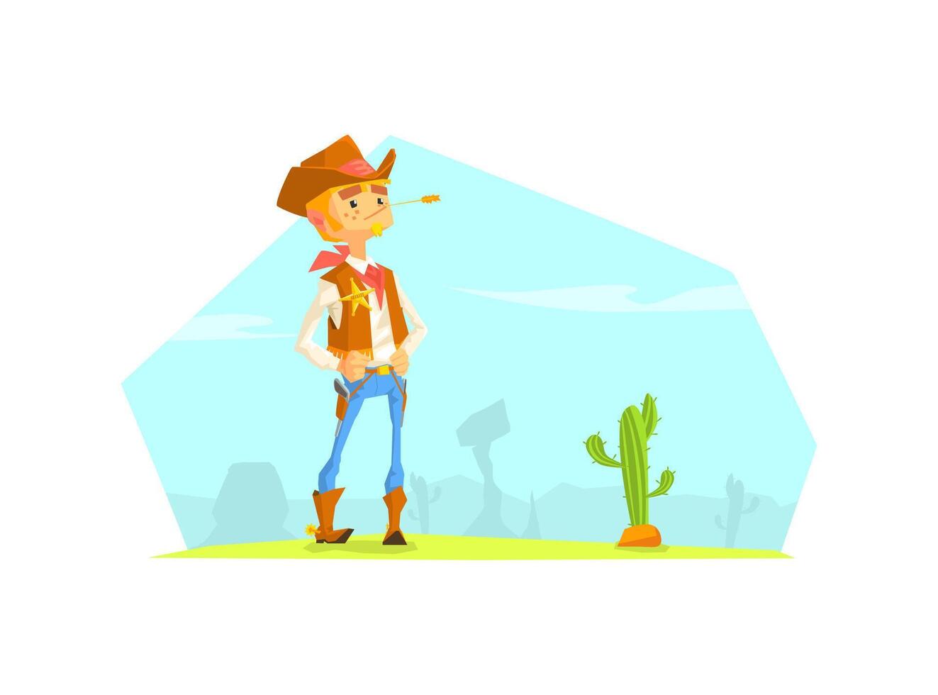 Cheerful Cowboy Sheriff Character in Desert Landscape, Wild West illustration vector