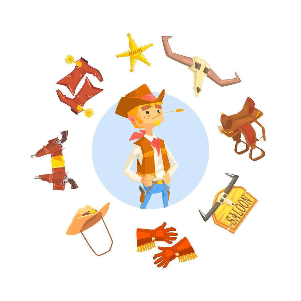 Cheerful Cowboy Sheriff Character, Wild West Attributes and Clothes illustration vector