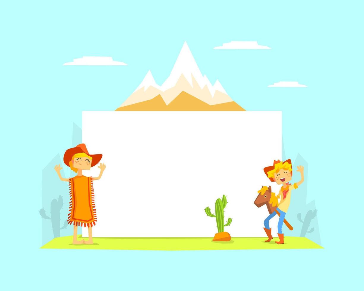Cheerful Smiling Cowboys Characters with Blank Banner, Wild West Landscape illustration vector