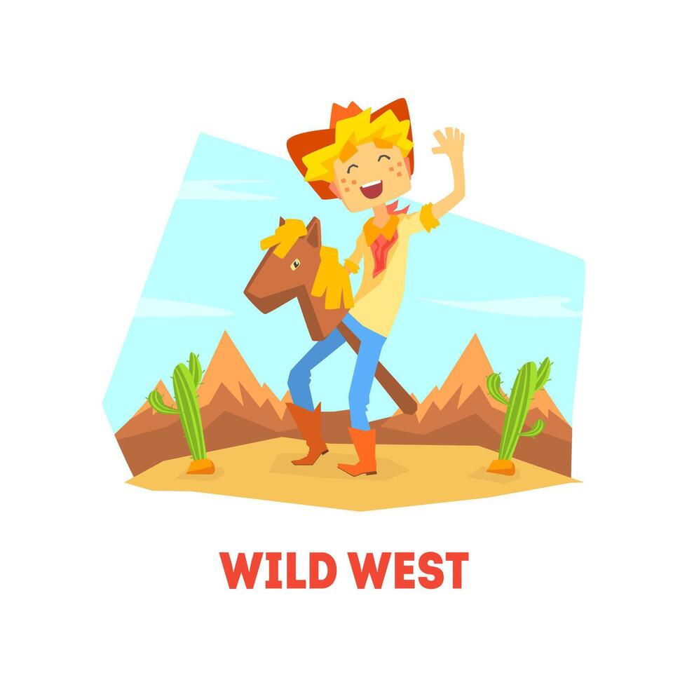 Wild West, Funny Cowboy Character Riding Stick Horse in Desert Landscape illustration vector