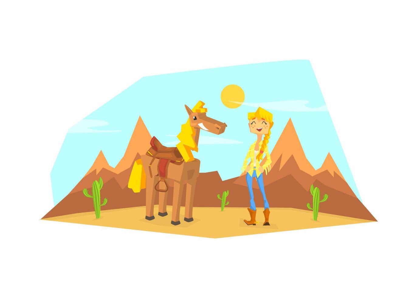Western Girl Character with Horse in Desert Landscape illustration vector