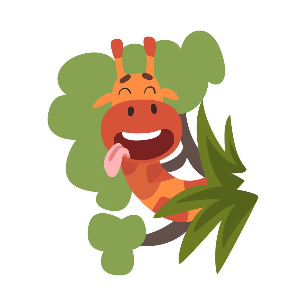 Cute Giraffe Peeking Out of the Bushes, Funny Crazy African Animal Cartoon Character Illustration vector