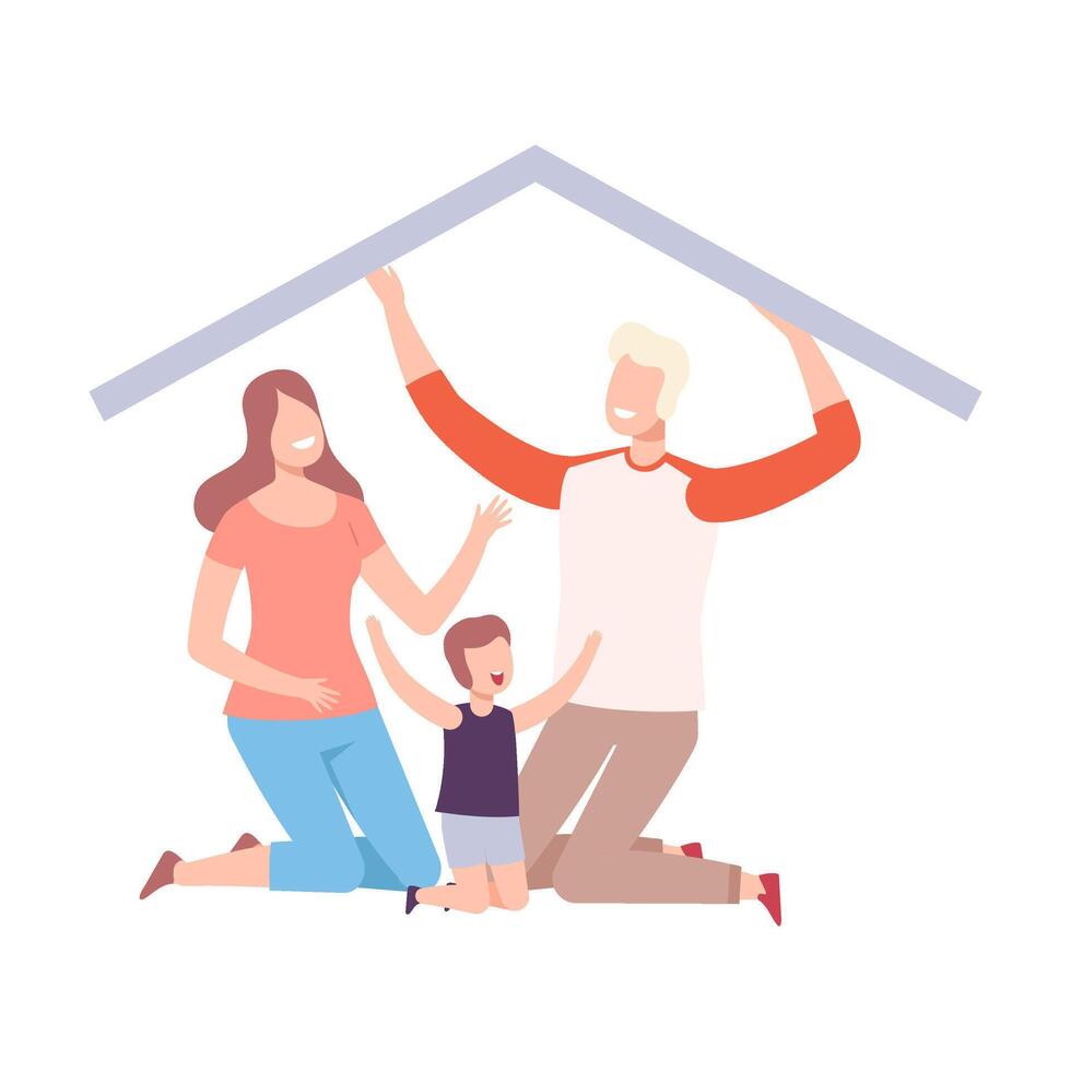 Mother, Father and Their Son at Home, House Frame with Happy Family Illustration vector