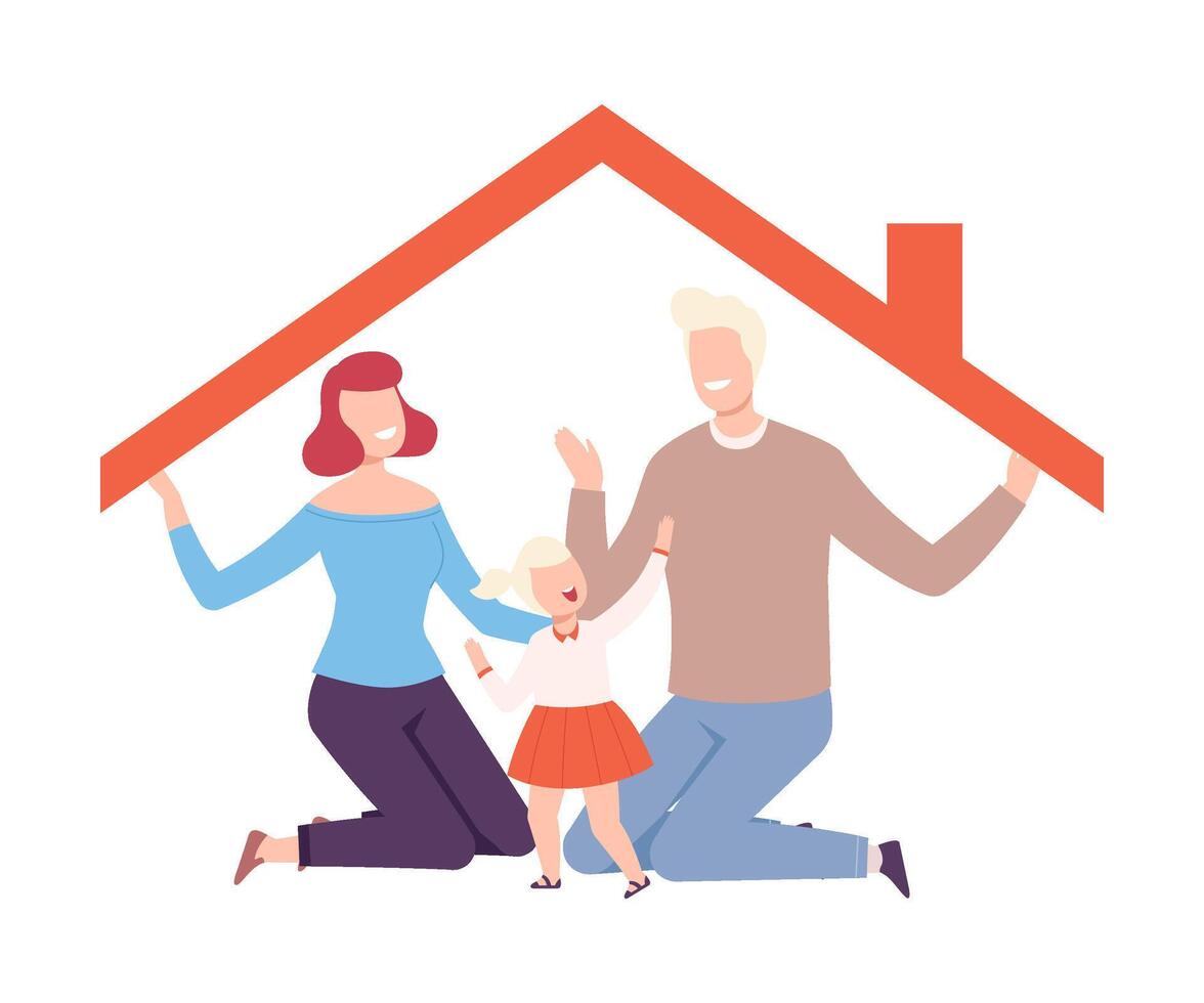 Happy Parents and Their Daughter Holding up the Roof at Home, House Frame with Family Inside Illustration vector