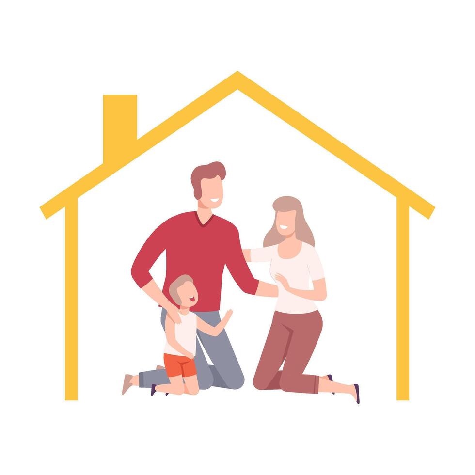 Happy Parents and Their Son at Home, House Frame with Family Inside Illustration vector