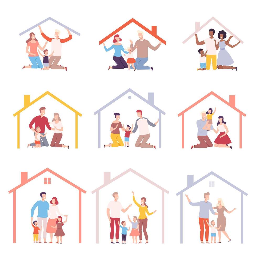 Collection of Parents and Their Children at Home, House Frames with Happy Families Inside Illustration vector