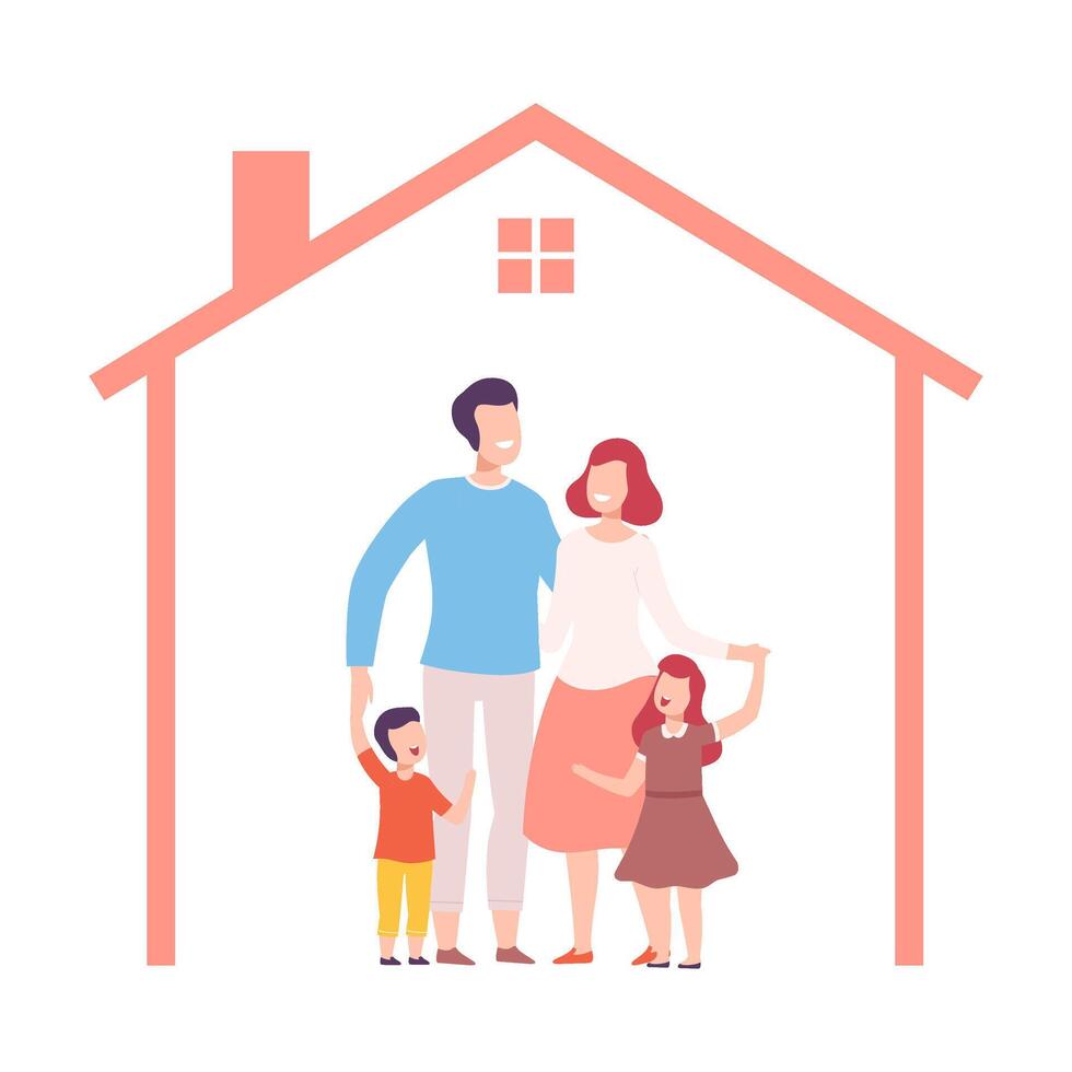 Mother, Father and Their Two Children at Home, House Frame with Happy Family Inside Illustration vector