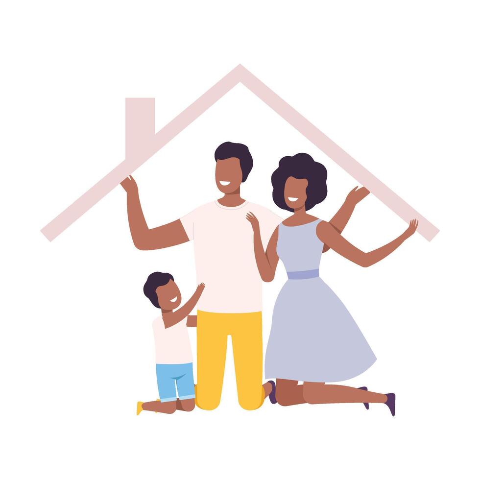 Happy Parents and Their Son at Home, House Frame with African American Family Inside Illustration vector