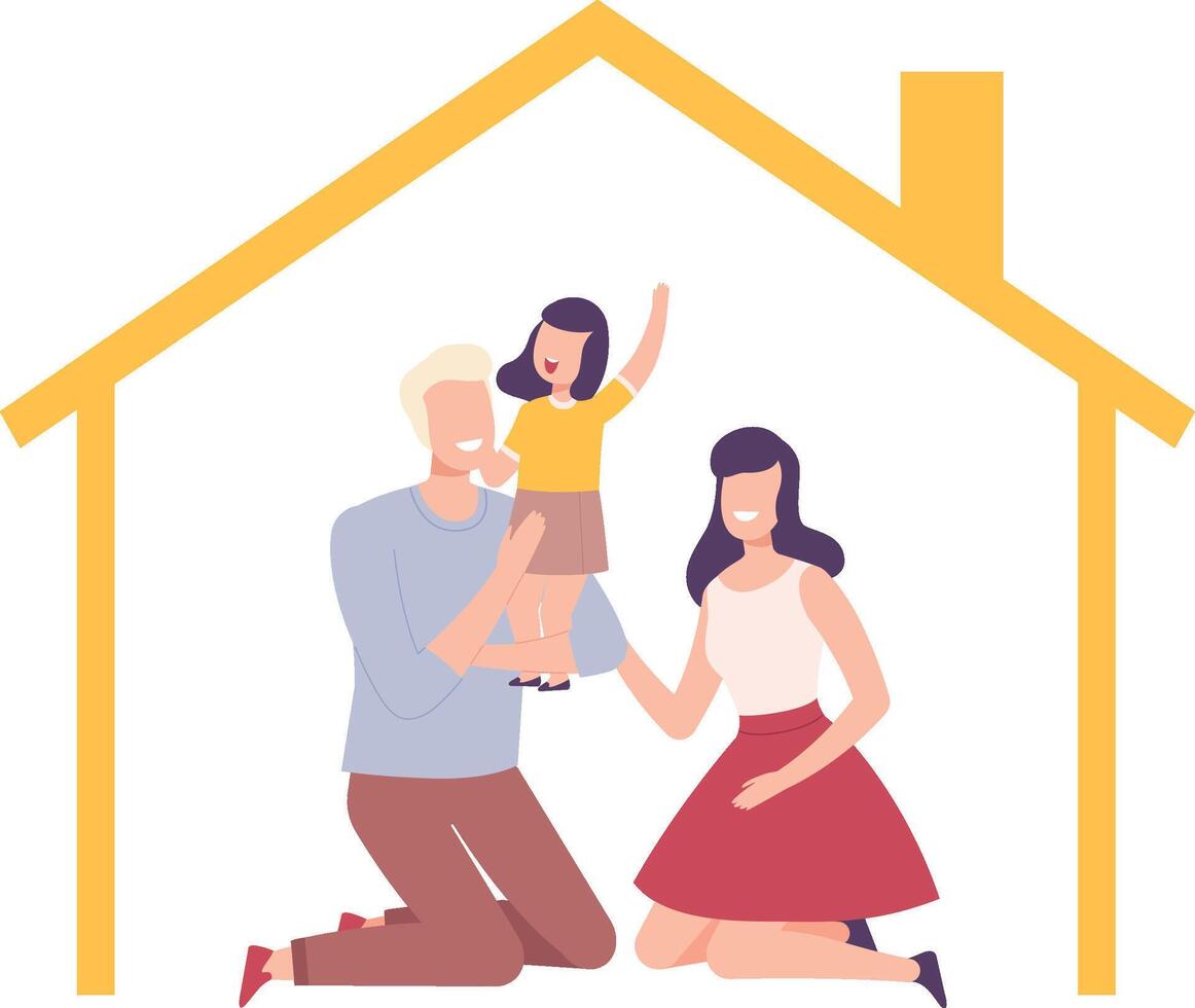 Mother, Father and Their Daughter at Home, House Frame with Happy Family Sitting Inside Illustration vector