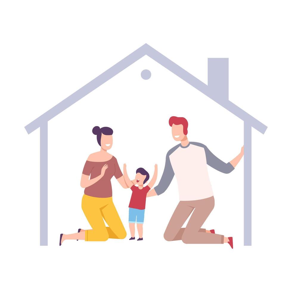 Mother, Father and Their Son at Home, House Frame with Happy Family Inside Illustration vector