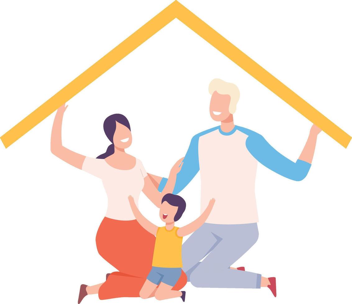 Mother, Father and Their Son at Home, House Frame with Happy Family Sitting Inside and Holding Up the Roof Illustration vector
