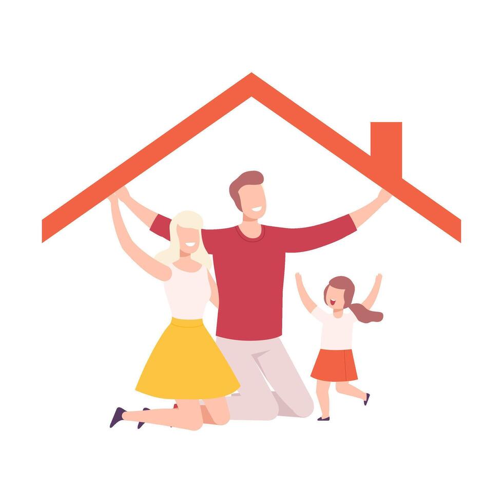 Mother, Father and Their Daughter at Home, Happy Family Holding Up the Roof Frame Illustration vector
