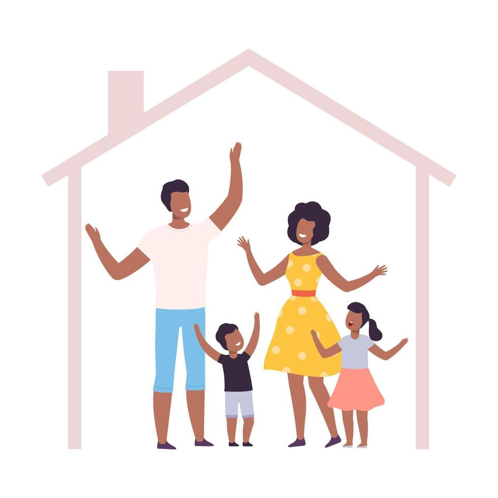 Mother, Father and Their Kids at Home, House Frame with Happy African American Family Inside Illustration vector