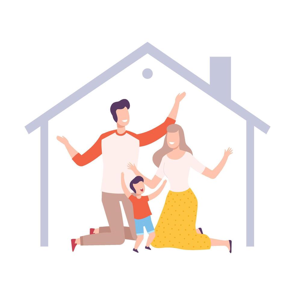 Smiling Mother, Father and Their Son at Home, House Frame with Happy Family Inside Illustration vector
