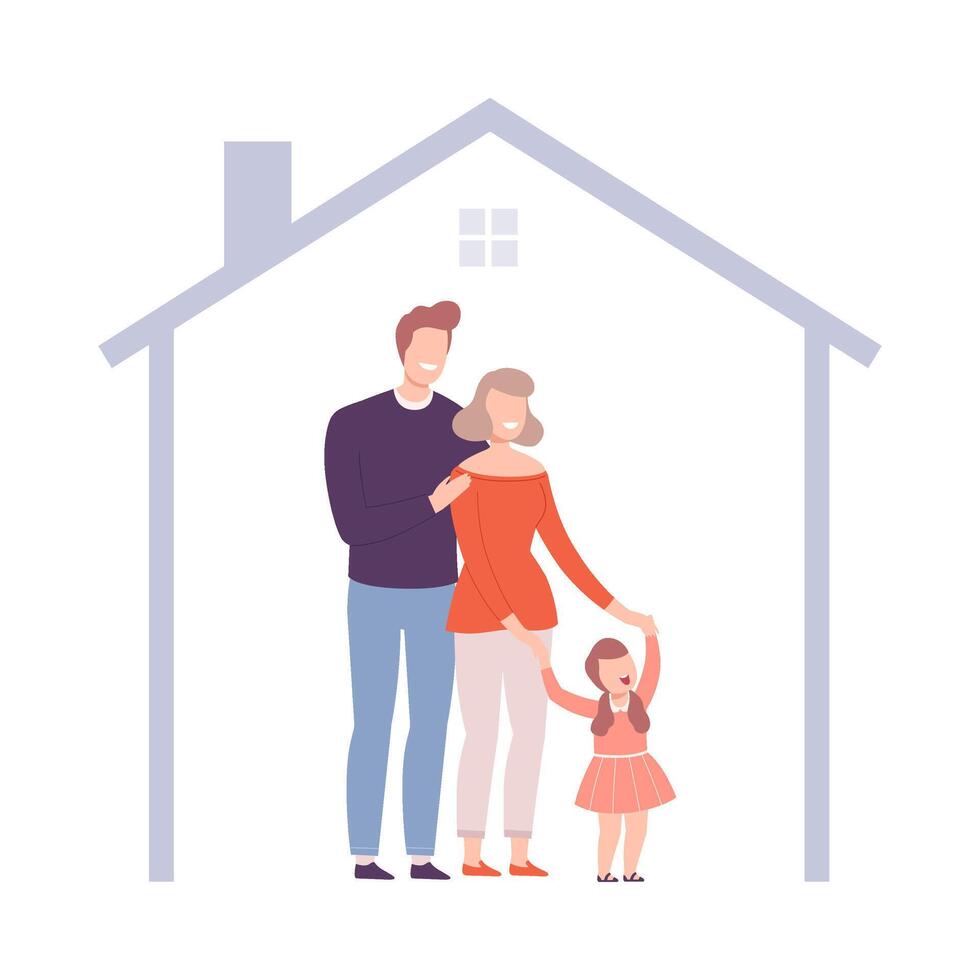 Smiling Mother, Father and Their Daughter at Home, House Frame with Happy Family Inside Illustration vector
