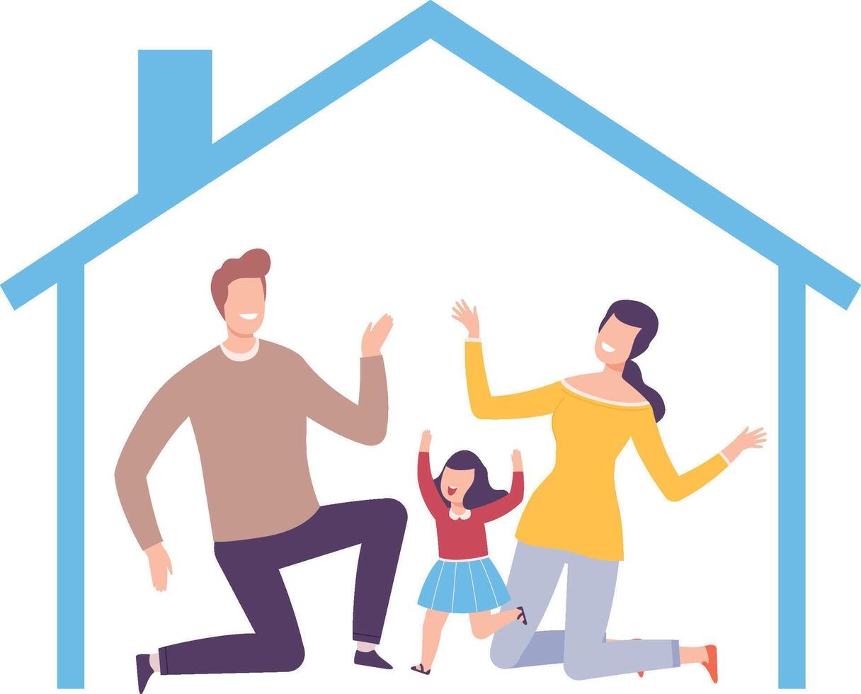 Parents and Their Daughter at Home, House Frame with Happy Family Inside Illustration vector