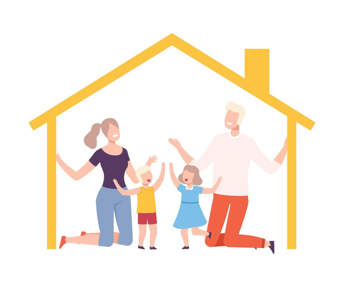 Mother, Father and Their Kids at Home, House Frame with Happy Family Inside Illustration vector