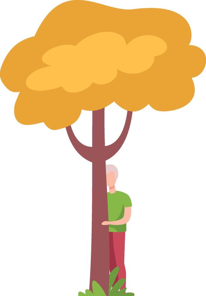 Young Man in Casual Clothes Hiding and Peeking Behind Yellow Tree Illustration vector