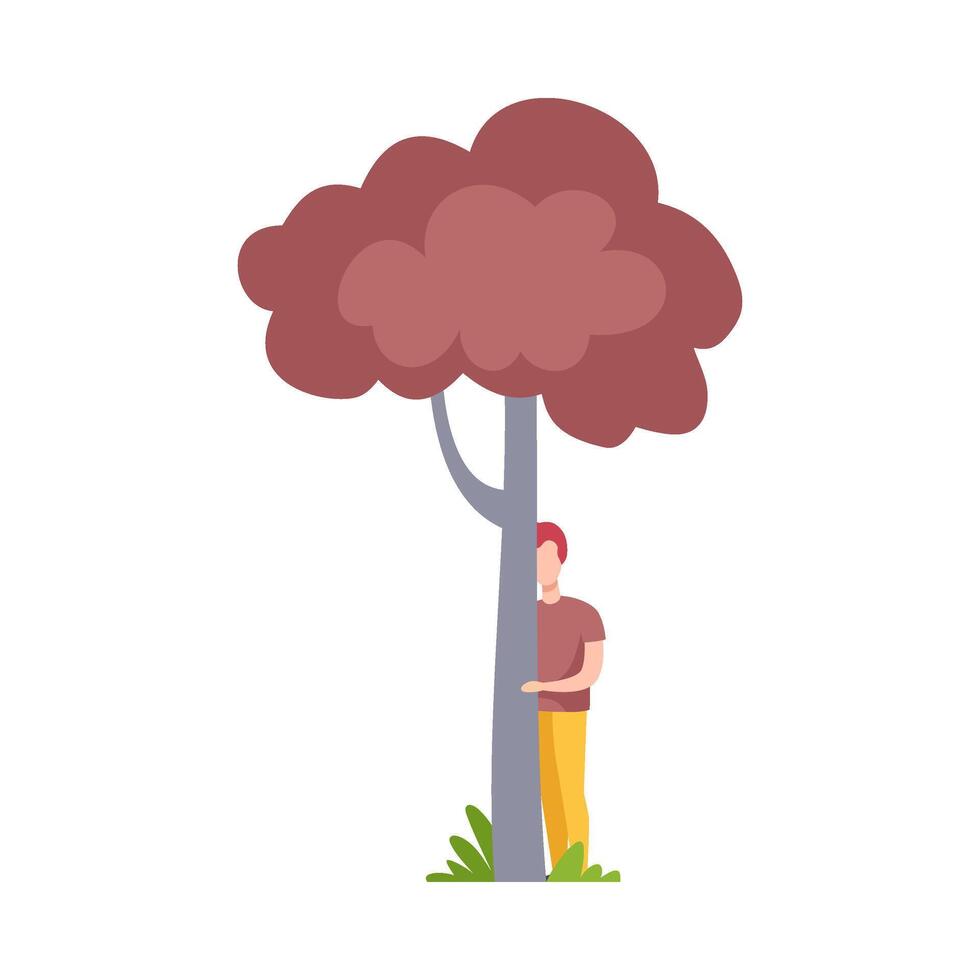 Young Man in Casual Clothes Standing and Hiding Behind Tree Illustration vector