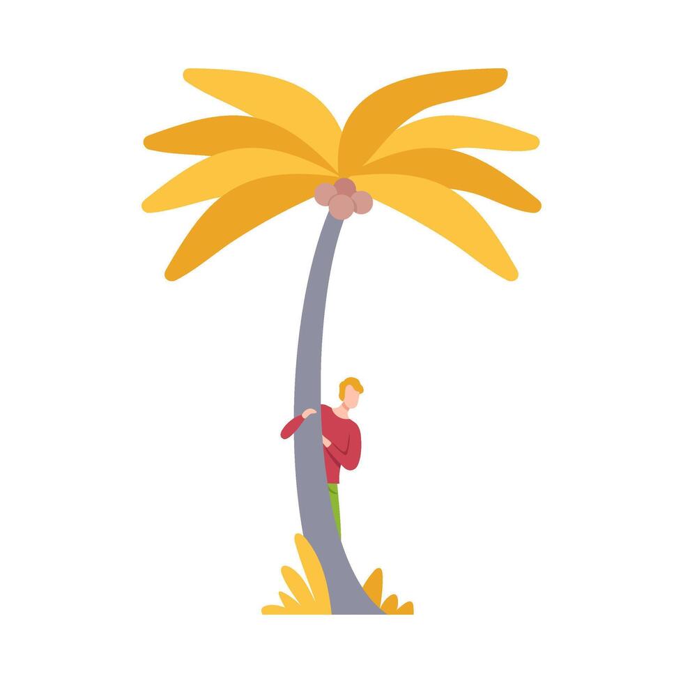 Young Man Hiding and Peeking Behind Yellow Palm Tree Illustration vector