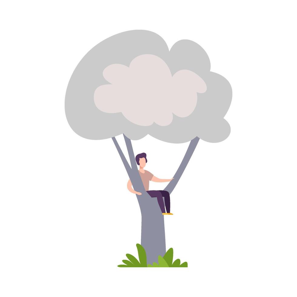 Young Man Sitting on Tree Branch, Guy Hiding in Tree Crown Illustration vector