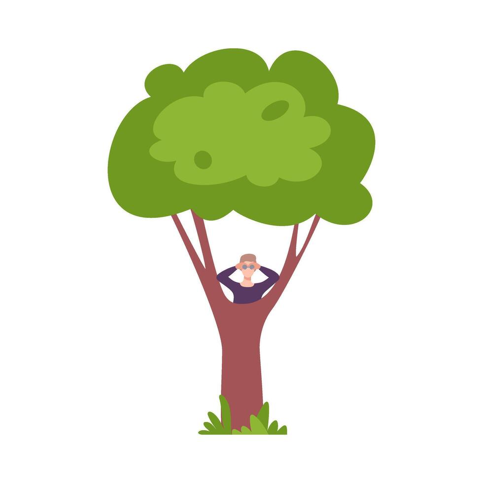 Young Man Hiding Behind Green Tree and Looking Through Binoculars Illustration vector