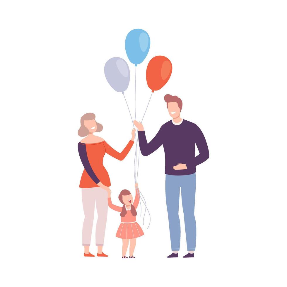Family with Colorful Balloons, Mother, Smiling Father and their Daughter Walking Together or Celebrating Holiday Illustration vector