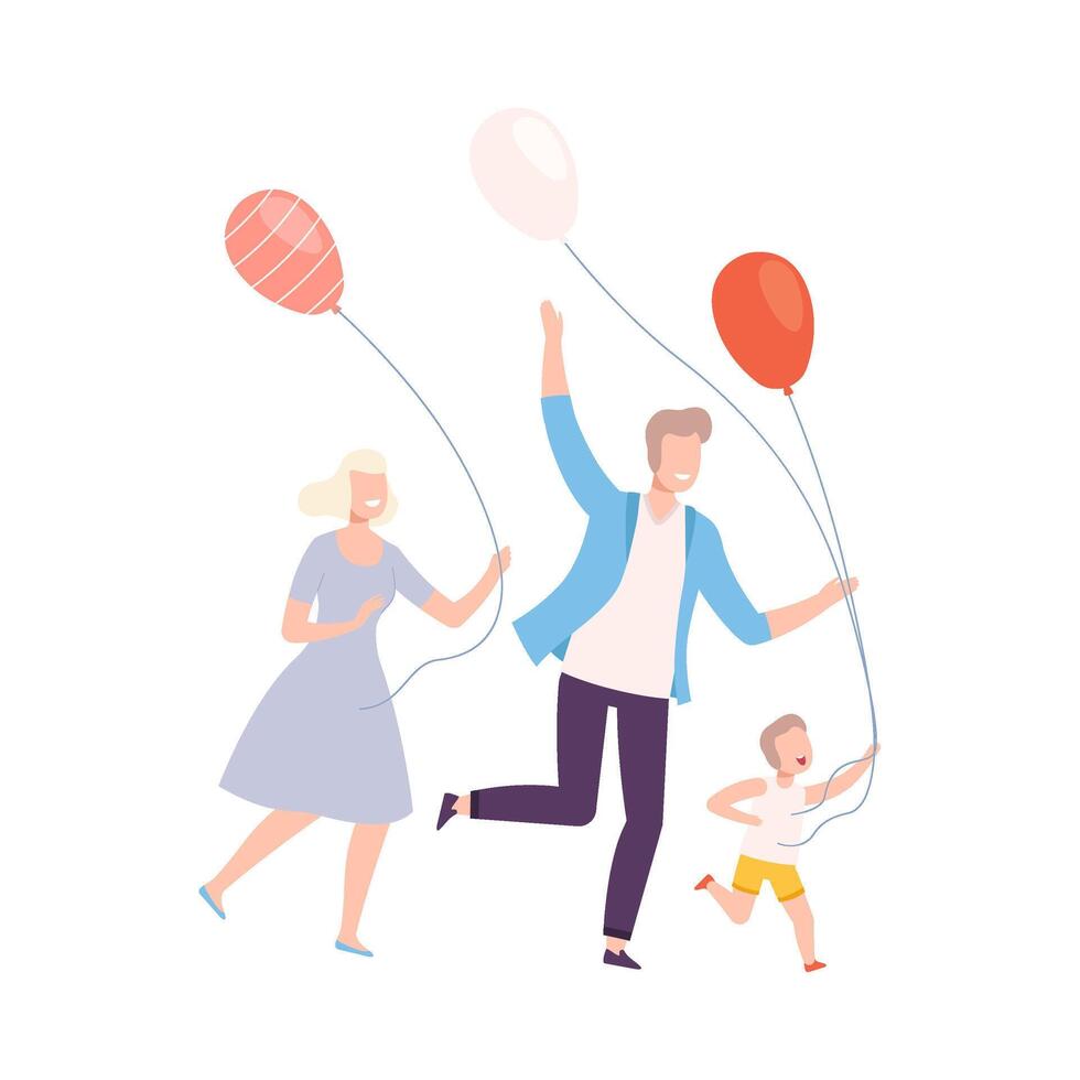 Family Running with Colorful Balloons, Happy Mother, Father and their Son Walking Together or Celebrating Holiday Illustration vector
