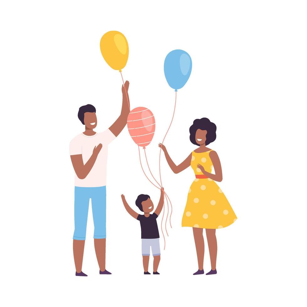 Happy African American Family with Colorful Balloons, Smiling Mother, Father and their Son Walking Together or Celebrating Holiday Illustration vector