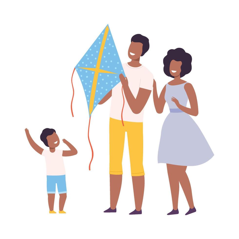Happy African American Family Having Fun with Flying Kite, Mother, Father and Son Launching Kite, Outdoor Recreational Activities Illustration vector